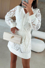 Unique Crochet Lace Long Sleeve Button Blouse and High Rise Skirt Set