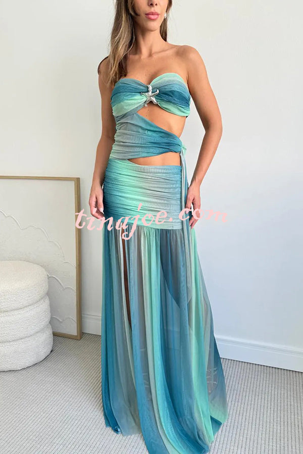 Soleil Mesh Printed Starfish Pendant Ruched Cutout Off Shoulder Maxi Dress