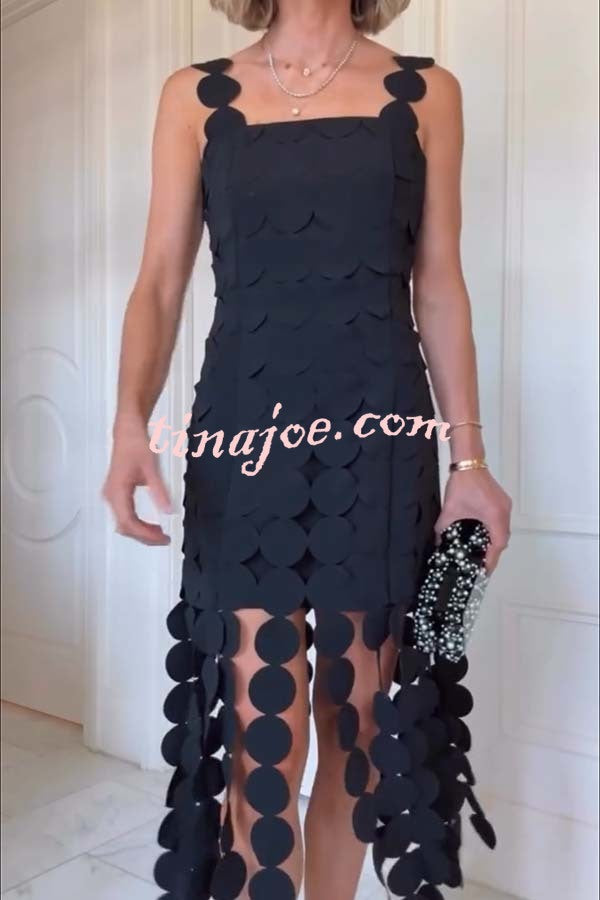 Best Dance Laser Cut Circle Embroidery Square Neck Tassle Trim Midi Dress