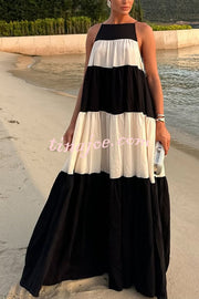 Meila Colorblock Tie-strap Gathered Tiers A-line Maxi Dress