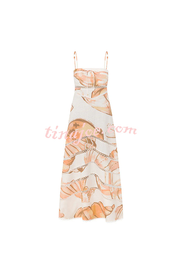 Daje Linen Blend Unique Print Round Hollow Trim Tie-up Bust Slip Maxi Dress