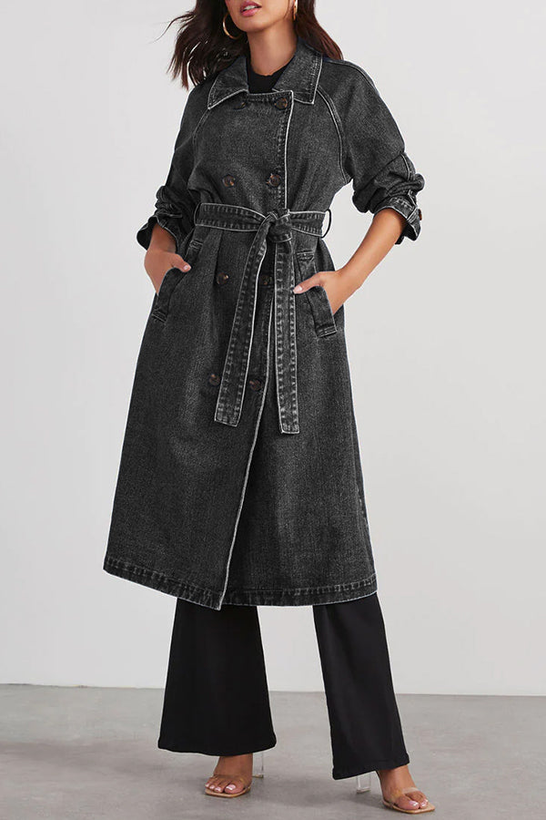 Solid Color Denim Double Pocket Button Down Midi Trench Coat