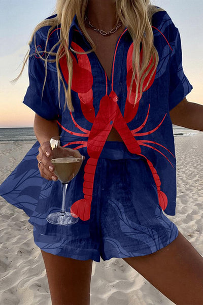 Lobster Print Loose Button Elastic Waist Shorts Set
