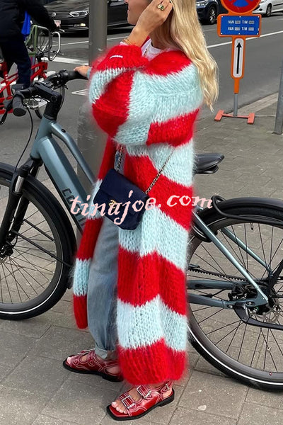 Fashionable Contrast Stripes Lazy Style Loose Long Knitted Cardigan