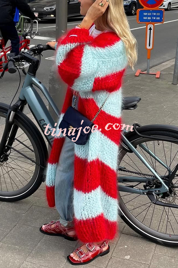 Fashionable Contrast Stripes Lazy Style Loose Long Knitted Cardigan