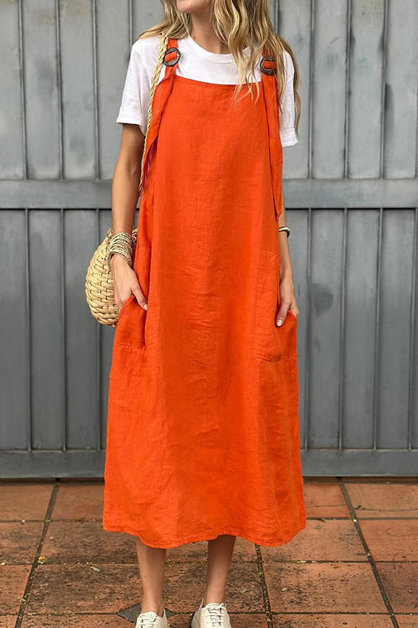 Linen Blend Fashion Adjustable Straps Casual Pocket Midi Dress