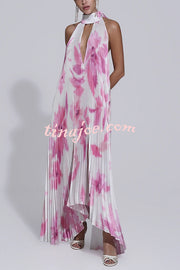 Opera Pleated Colorblock Camouflage Print Cutout Halter  A-line Maxi Dress