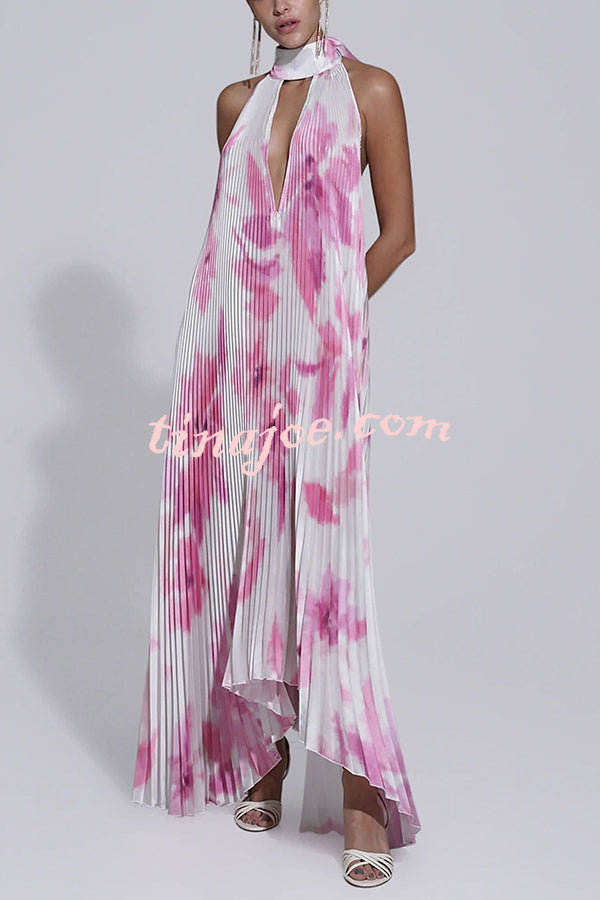 Opera Pleated Colorblock Camouflage Print Cutout Halter  A-line Maxi Dress