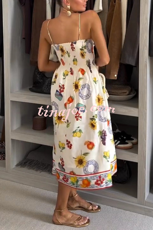Summer Fruit Print Sling Pleated Vacation Midi Dress