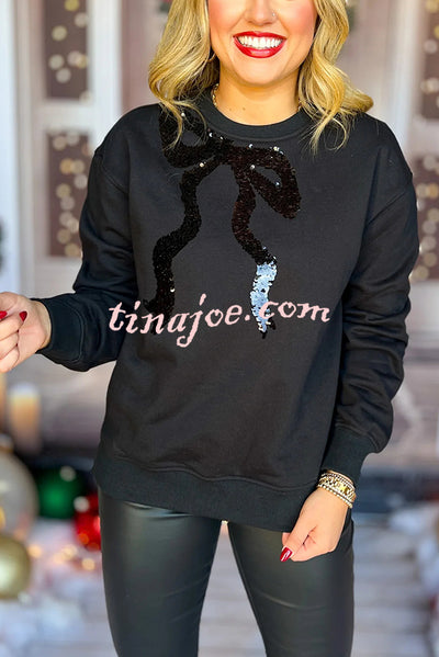 Christmas Bow Sequined Long Sleeve Casual Sweatshirt