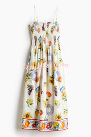 Summer Fruit Print Sling Pleated Vacation Midi Dress