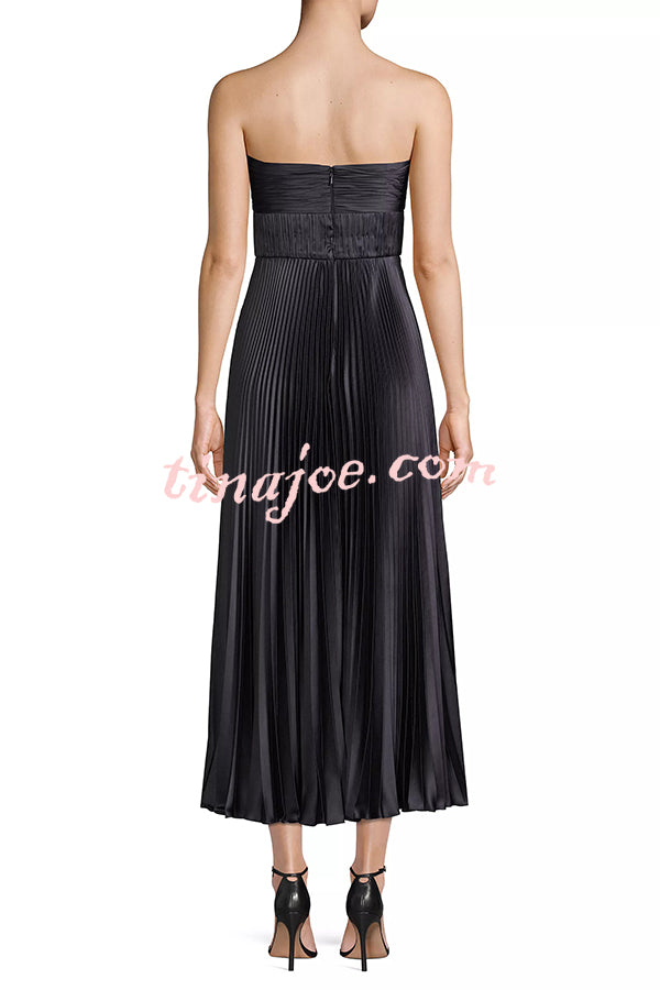 Love Note Satin Sweetheart Twist Off Shoulder Pleated Maxi Dress