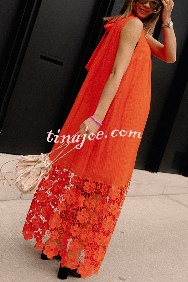 Breezy Comfort Tie-up Neck Sleeveless Floral Lace Hem Maxi Dress