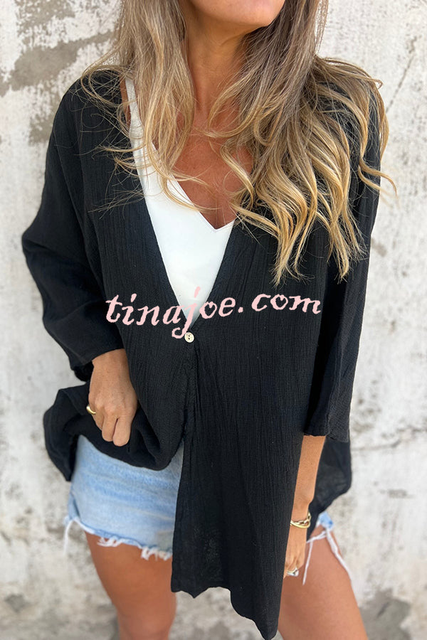 Solid Color V-neck Loose Long-sleeved Button Top