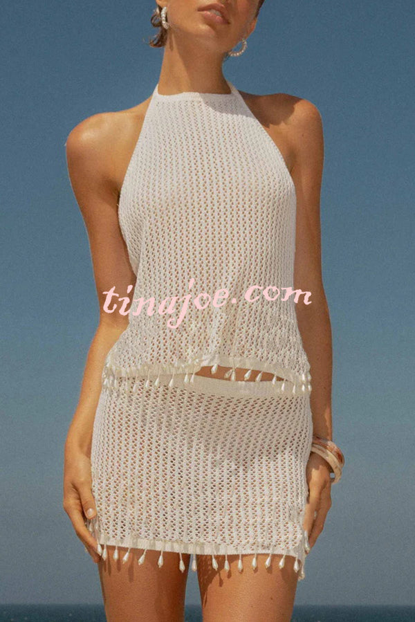 Fashion Knit Hollow Back Top and Embellished Fitted Stretch Beach Mini Skirt Set