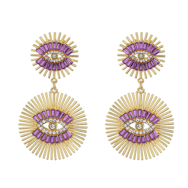 Exaggerated Devil Eye Design Earrings with Pink Rhinestones