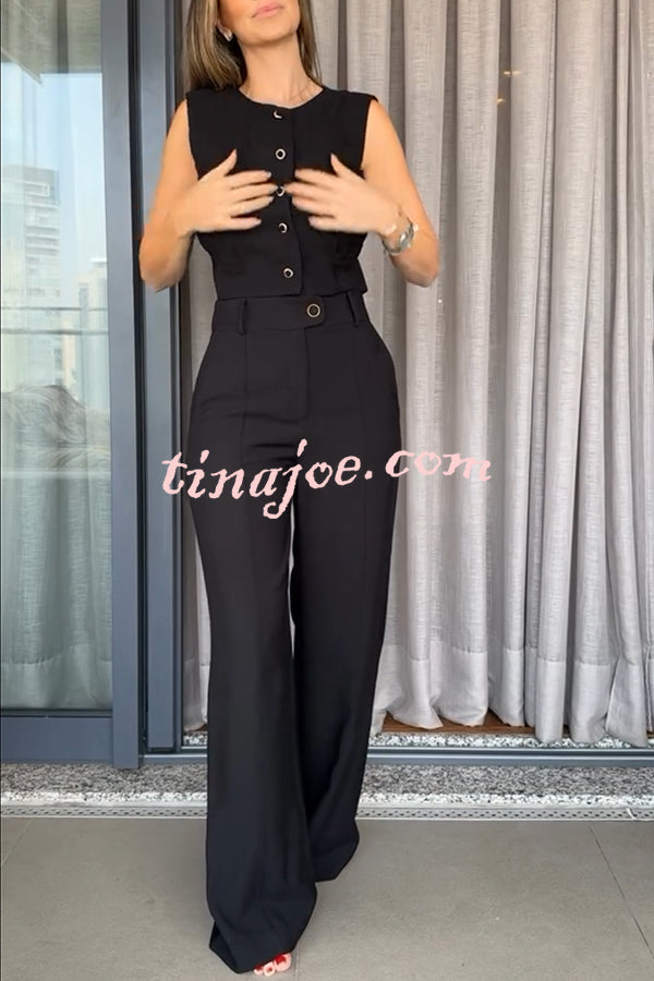 Office Lady Button Up Waisted Vest and High Rise Pocketed Loose Pants Set