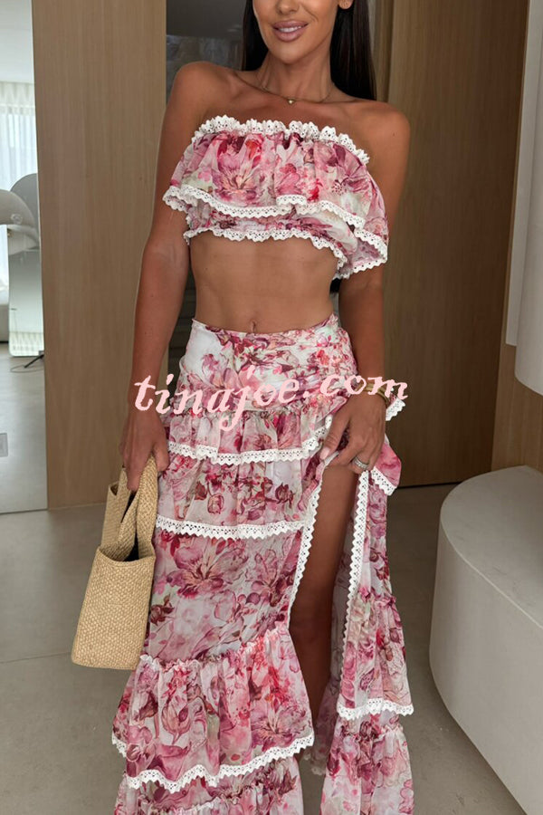 Dakota Floral Lace Trim Crop Tube Top and Layered Slit Maxi Skirt Set