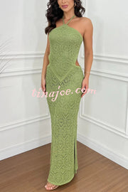 Seleia Crochet Knit Cutout Waist Texture Halter Slit Stretch Maxi Dress