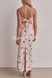 Rosa Linen Blend Bow Print Scallop Lace Trim Crop Tank and High Rise Slit Skirt Set