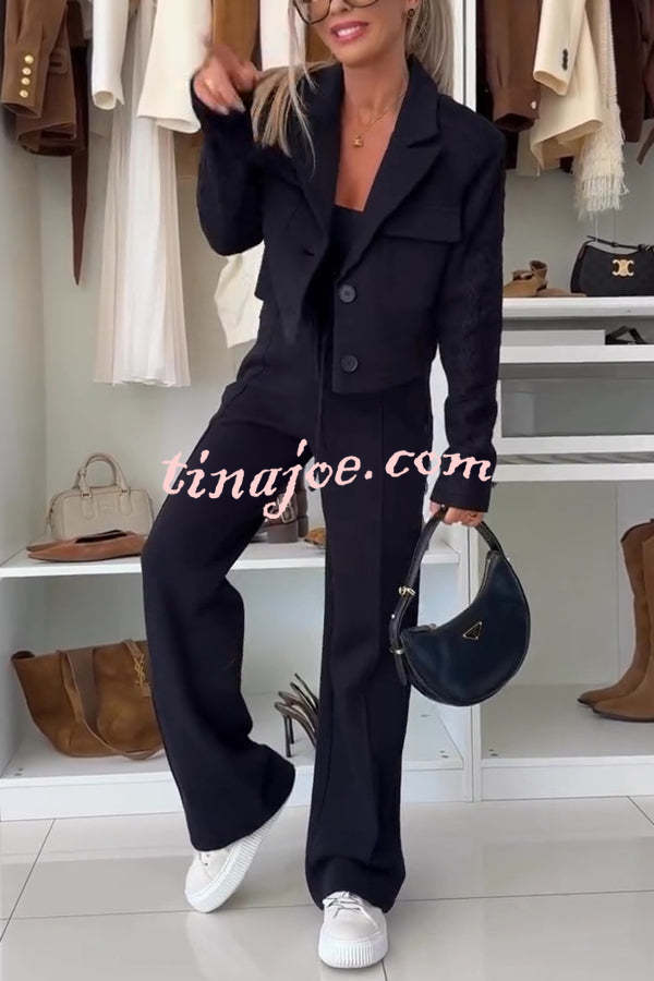 Fashion Lace Panel Long-sleeved Crop Top and Elastic Waist Tie Pocket Casual Pants Set