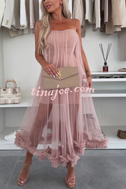 Fairytale Charm Tulle Off Shoulder Ruffles Trim A-line Midi Dress