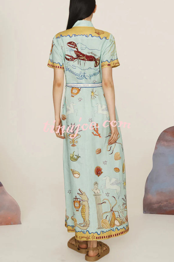 Deep Sea Dreaming Linen Blend Unique Print Short Sleeve Tie-up Shirt Maxi Dress