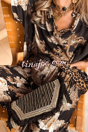 Tree Shadow Print V-Neck Short Sleeve Loose Top and Elastic Waist Casual Wide Leg Pants Set