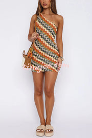 Playful Colorful Knitted Slim-fitting Offset Neck Stretch Mini Dress
