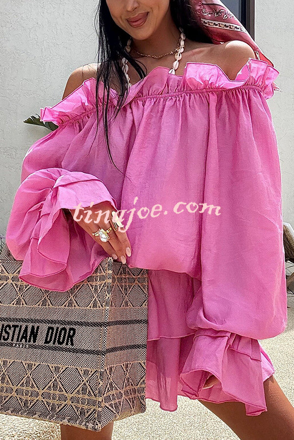Arnell Linen Blend Off Shoulder Balloon Sleeve Shirt and Elastic Waist Layered Shorts Set