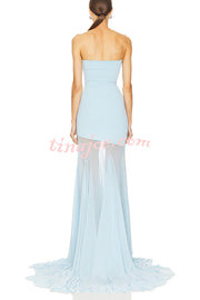 Blue Sky Off Shoulder Contrast Sheer Mesh Fabric Stretch Maxi Dress