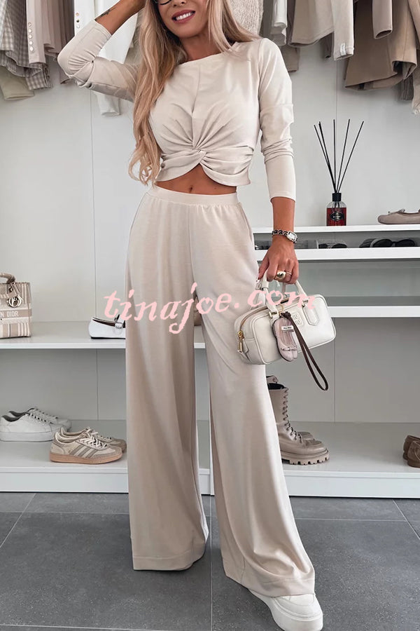 Solid Color Round Neck Long Sleeve Twist Crop Top and Elastic Waist Pocket Wide Leg Pants Set