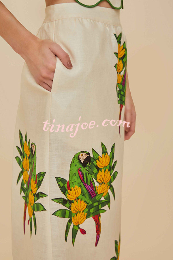 Parrot Print Round Neck Loose Crop Top and Elastic Waist Pocket Casual Midi Skirt Set