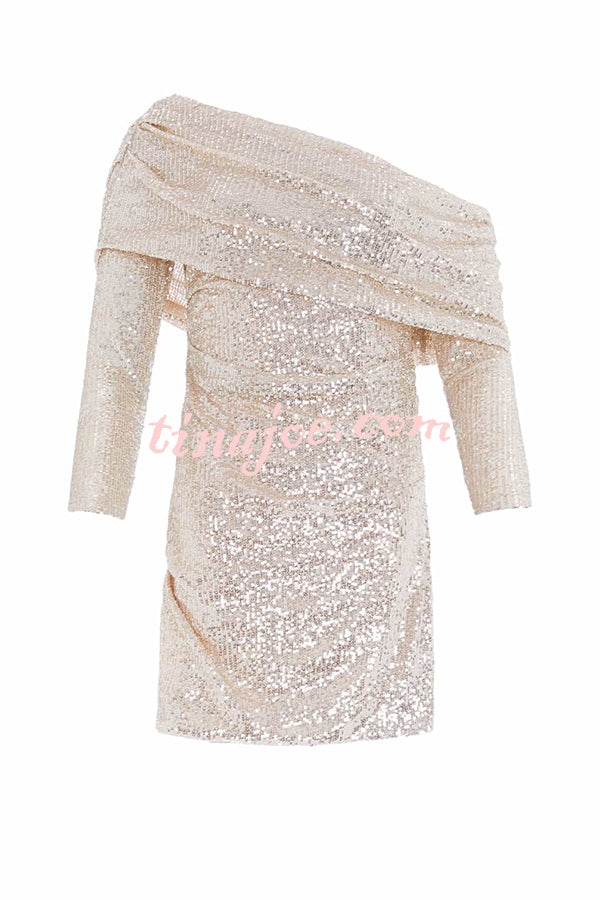 Vintage Hollywood Sequin Off The Shoulder Flap Long Sleeve Stretch Mini Dress