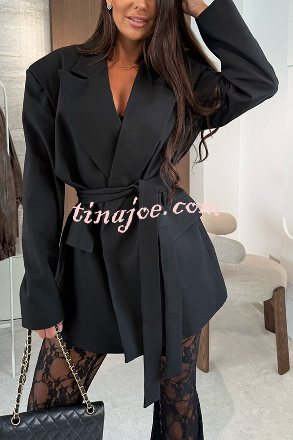 Chic Moment Lapel Long Sleeve Belt Pocketed Oversized Blazer