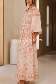 Linen Blend Lapel Puff Sleeve Casual Waist Belted Maxi Dress