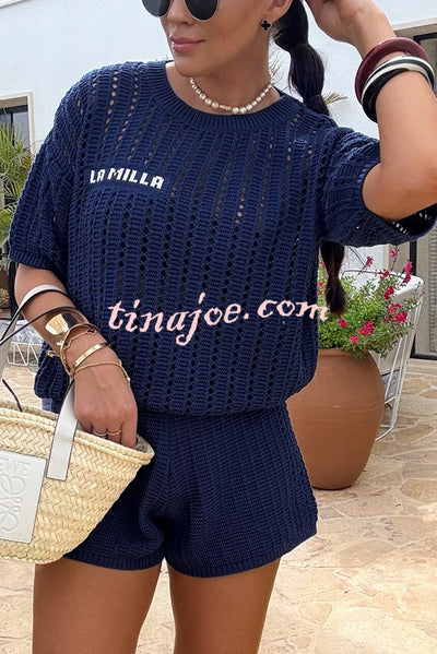 Fashionable Hollow Knit Short-sleeved Top and Elastic High-waist Casual Shorts Set