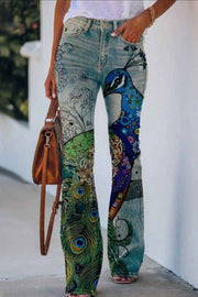 On A Drive Printed Faux Denim High Rise Flare Pants