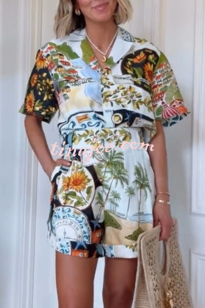 Island Style Linen Blend Unique Print Button Up Short Sleeve Shirt and Pocketed Loose Shorts Set