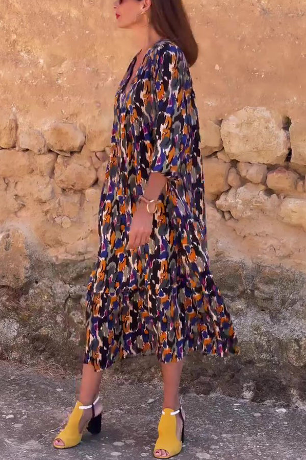 Multicolor Color Block Print V-neck Loose Resort Midi Dress