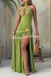 Solid Color Halter Neck Backless Slim Fit Pleated Slit Maxi Dress