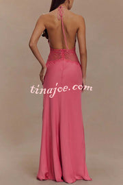 Seductive Details Satin Lace Waist Halter Tie-up Backless Maxi Dress