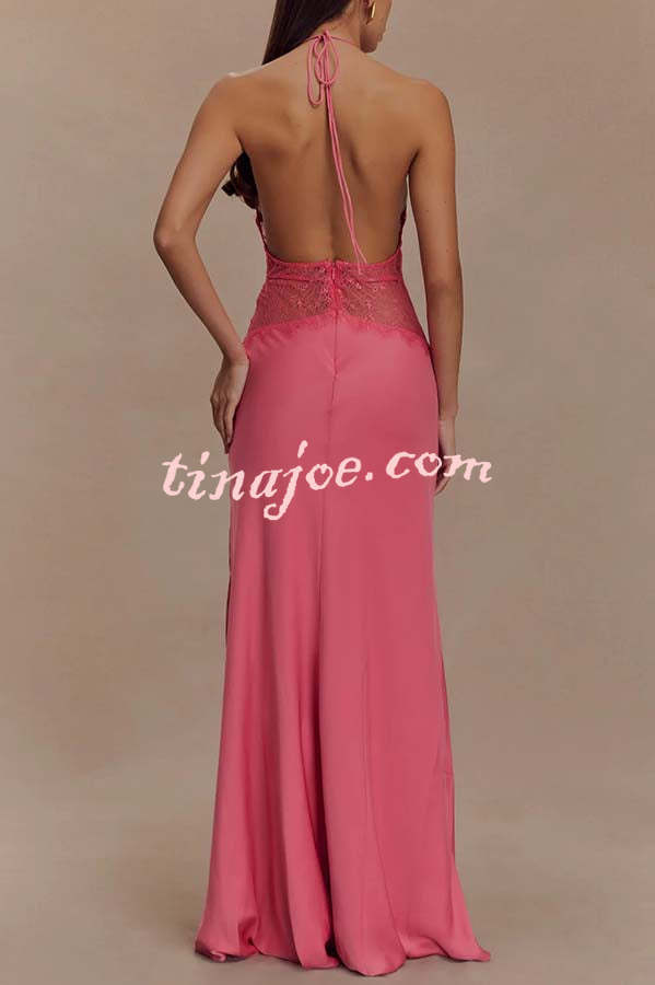Seductive Details Satin Lace Waist Halter Tie-up Backless Maxi Dress