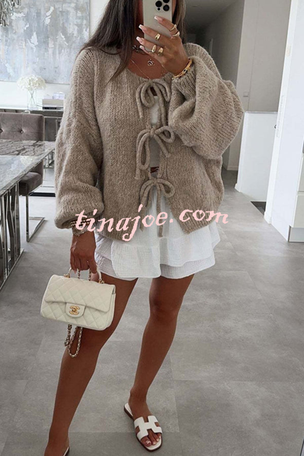 Solid Color Long-sleeved V-neck Lace-up Loose Knitted Sweater