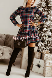 Fashionable Plaid Print Long Sleeve Round Neck Slim Fit Mini Dress