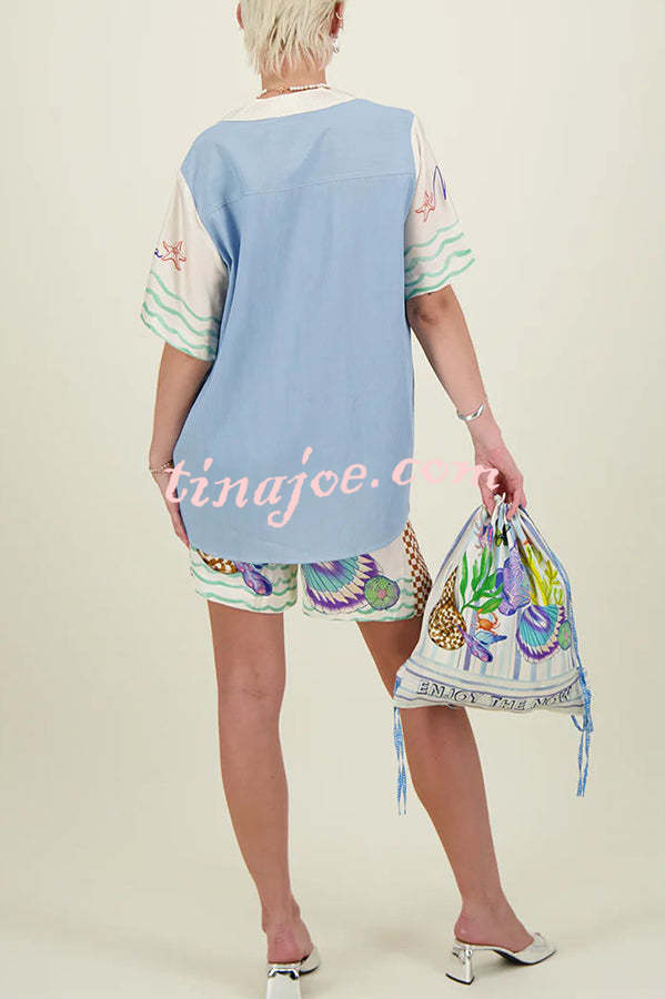 Coastal Seashell Satin Unique Print Pocket Loose Shirt and Elastic Waist Shorts Set