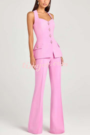 Women Power Metal Cross Snap Button Sweetheart Neck Wide Strap Vest