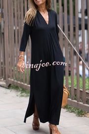 Solid Color V-neck Casual Slit Maxi Dress