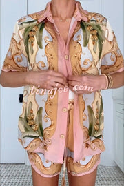 Royalty Unique Print Button Up Short Sleeve Shirt and Elastic Waist Pocketed Loose Shorts Set