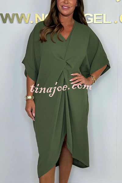 Solid Color V-neck Cross Knot Casual Irregular Midi Dress